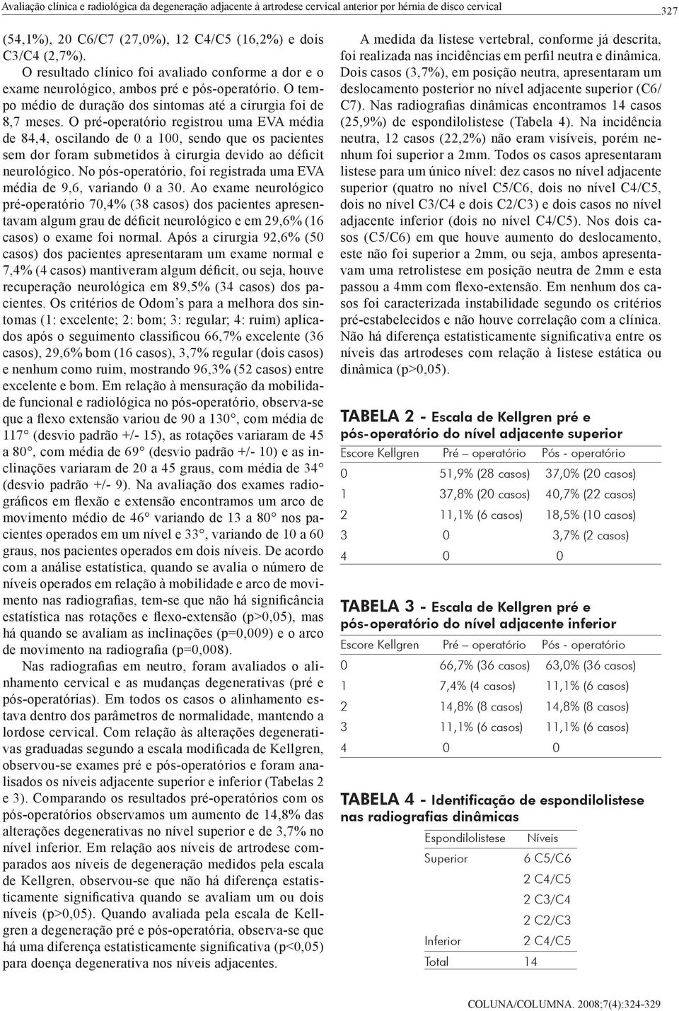 O pré-operatório registrou uma EVA média de 84,4, oscilando de 0 a 100, sendo que os pacientes sem dor foram submetidos à cirurgia devido ao déficit neurológico.