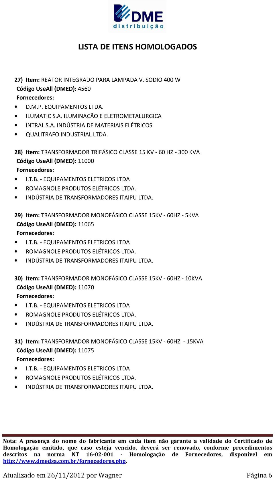 (DMED): 11000 29) Item: TRANSFORMADOR MONOFÁSICO CLASSE 15KV - 60HZ - 5KVA Código UseAll (DMED): 11065 30) Item: