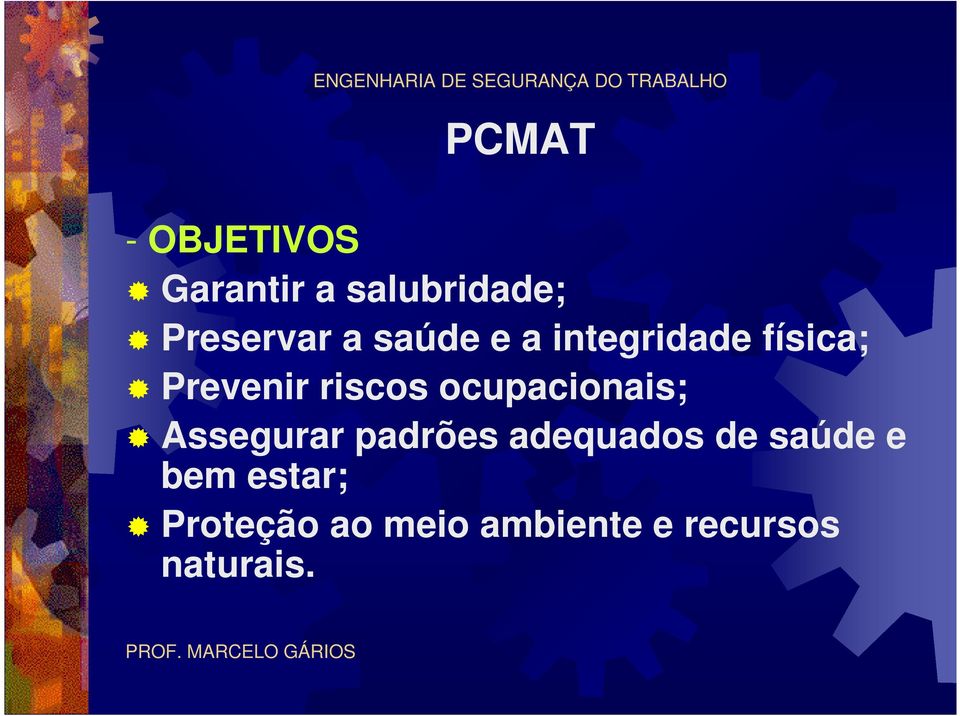 física; Prevenir riscos ocupacionais; Assegurar padrões