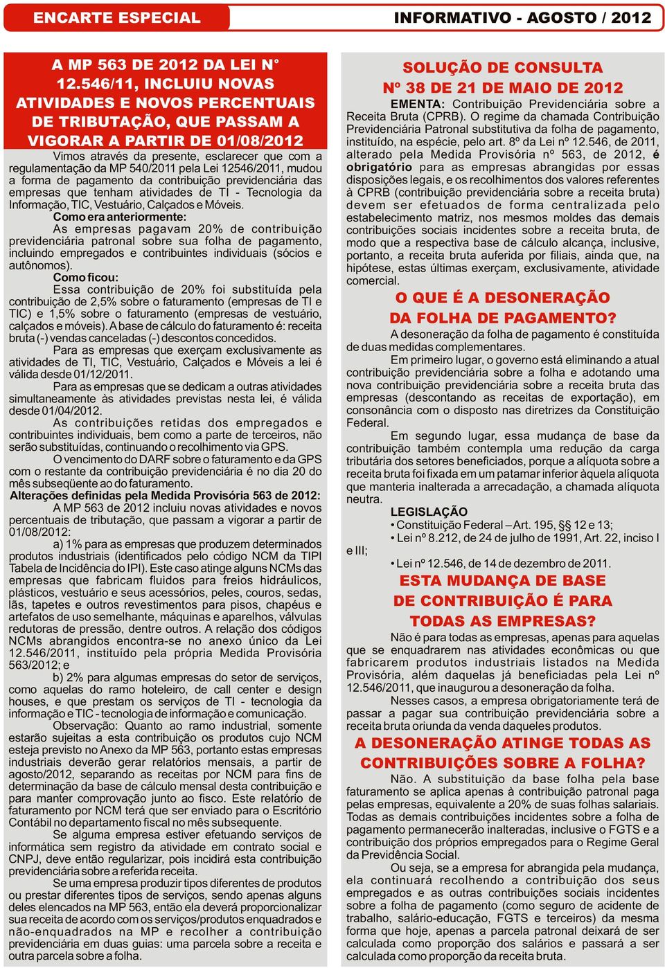 12546/2011, mudou a forma de pagamento da contribuição previdenciária das empresas que tenham atividades de TI - Tecnologia da Informação, TIC, Vestuário, Calçados e Móveis.