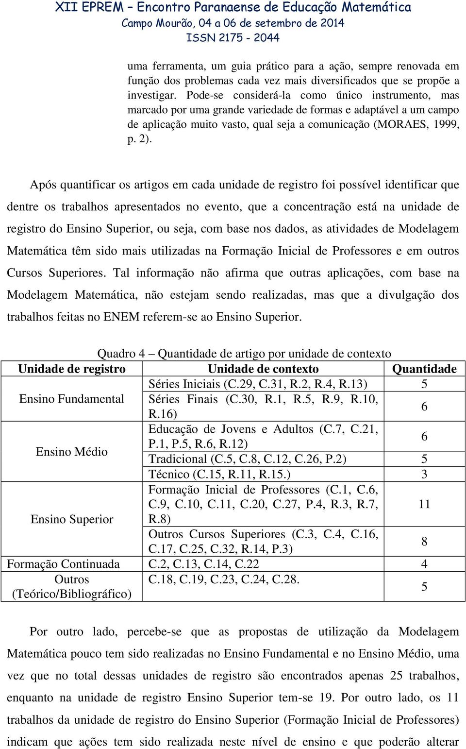 Após quantificar os artigos em cada unidade de registro foi possível identificar que dentre os trabalhos apresentados no evento, que a concentração está na unidade de registro do Ensino Superior, ou