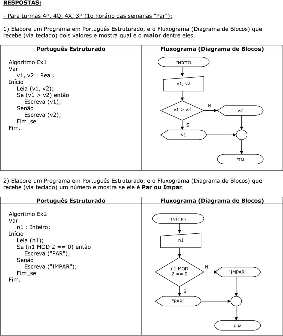 Algoritmo Ex1 v1, v2 : Real; Leia (v1, v2); e (v1 > v2) então Escreva (v1); enão Escreva (v2); v1, v2 v1 > v2 v1 v2 2) Elabore um