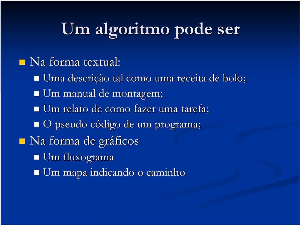 de como fazer uma tarefa; O pseudo código de um programa;