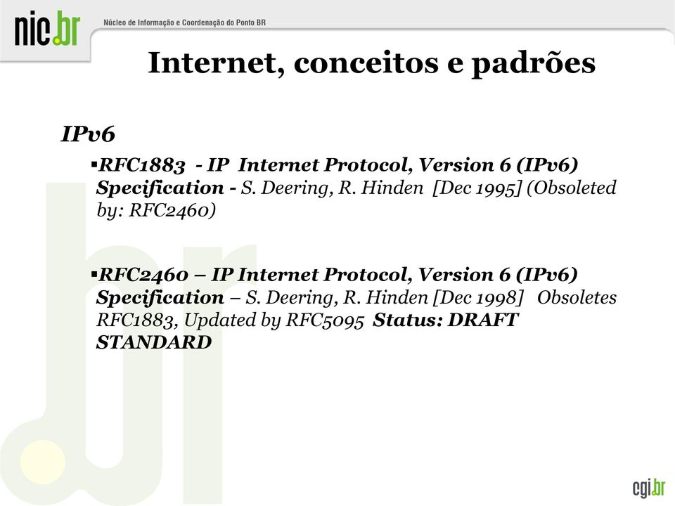 Hinden [Dec 1995] (Obsoleted by: RFC2460) RFC2460 IP Internet Protocol,