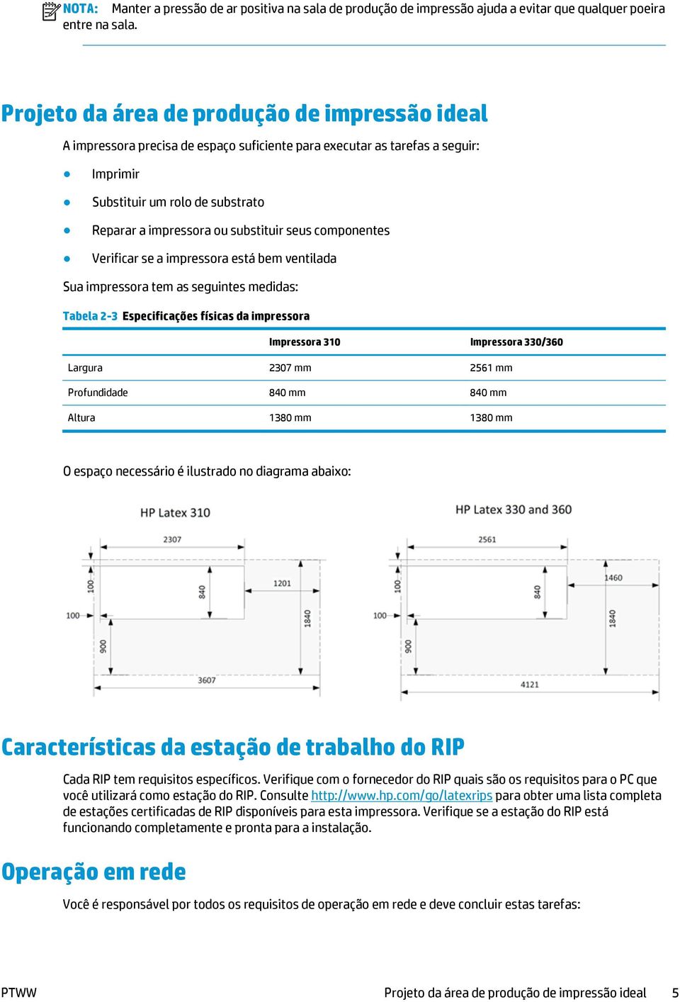 seus componentes Verificar se a impressora está bem ventilada Sua impressora tem as seguintes medidas: Tabela 2-3 Especificações físicas da impressora Impressora 310 Impressora 330/360 Largura 2307