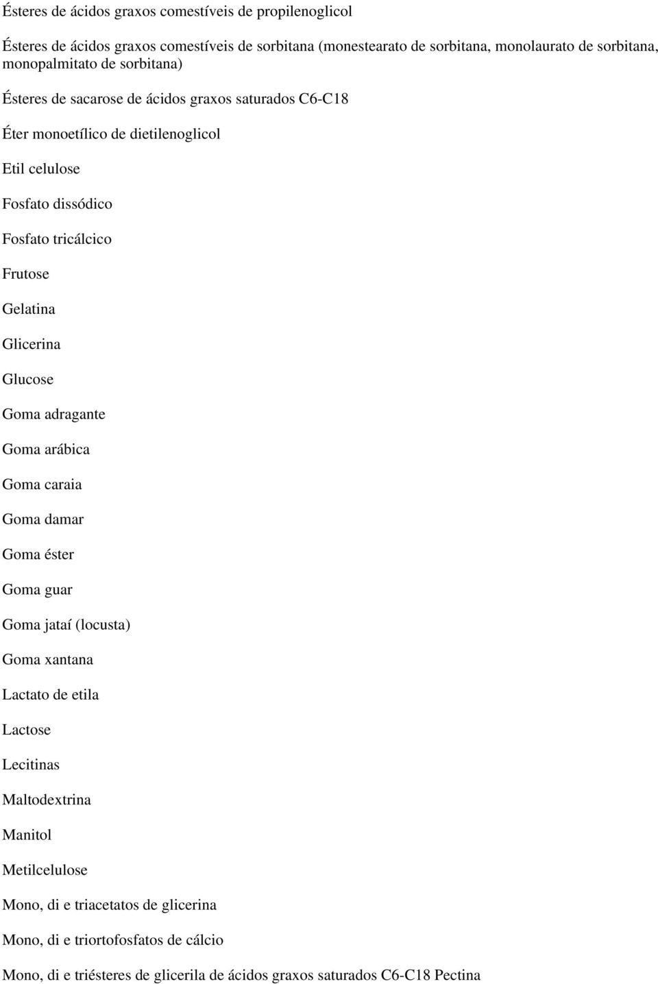 Frutose Gelatina Glicerina Glucose Goma adragante Goma arábica Goma caraia Goma damar Goma éster Goma guar Goma jataí (locusta) Goma xantana Lactato de etila Lactose