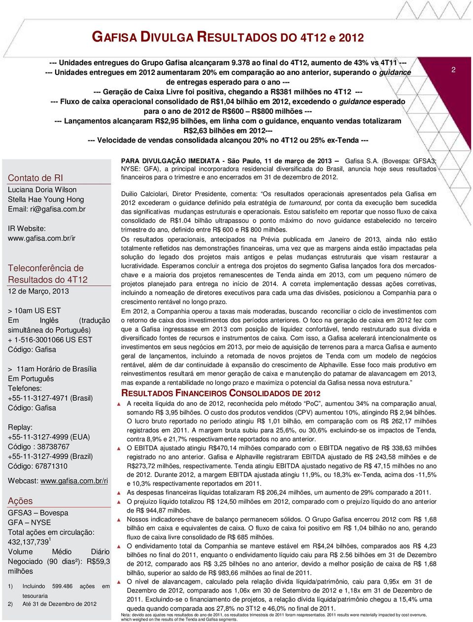 Caixa Livre foi positiva, chegando a R$381 milhões no 4T12 --- --- Fluxo de caixa operacional consolidado de R$1,04 bilhão em 2012, excedendo o guidance esperado para o ano de 2012 de R$600 R$800