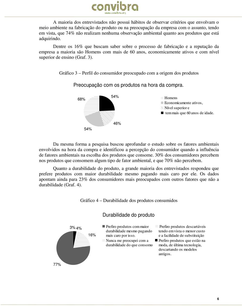 Dentre os 16% que buscam saber sobre o processo de fabricação e a reputação da empresa a maioria são Homens com mais de 60 anos, economicamente ativos e com nível superior de ensino (Graf. 3).