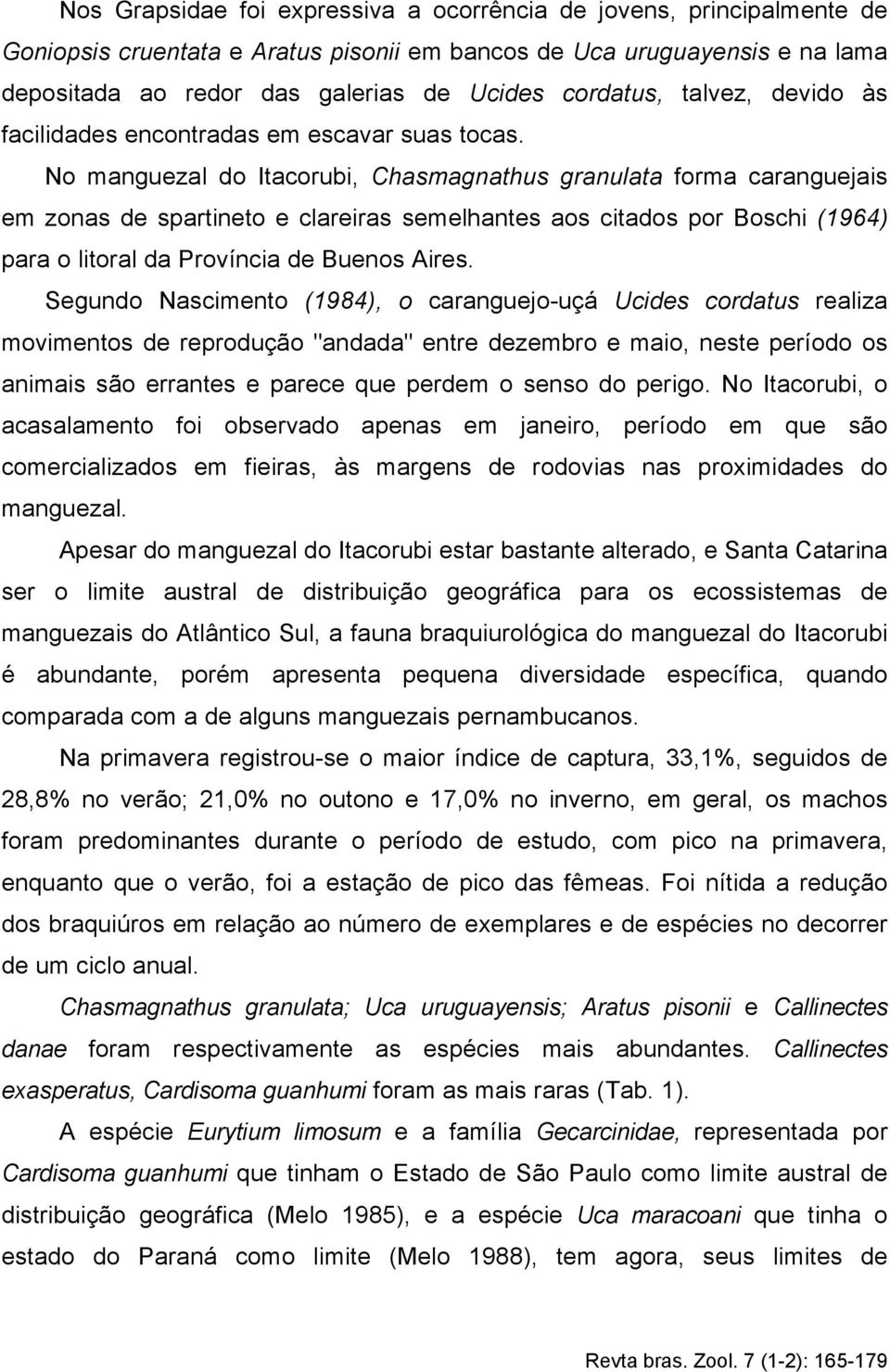 No manguezal do Itacorubi, Chasmagnathus granulata forma caranguejais em zonas de spartineto e clareiras semelhantes aos citados por Boschi (1964) para o litoral da Província de Buenos Aires.