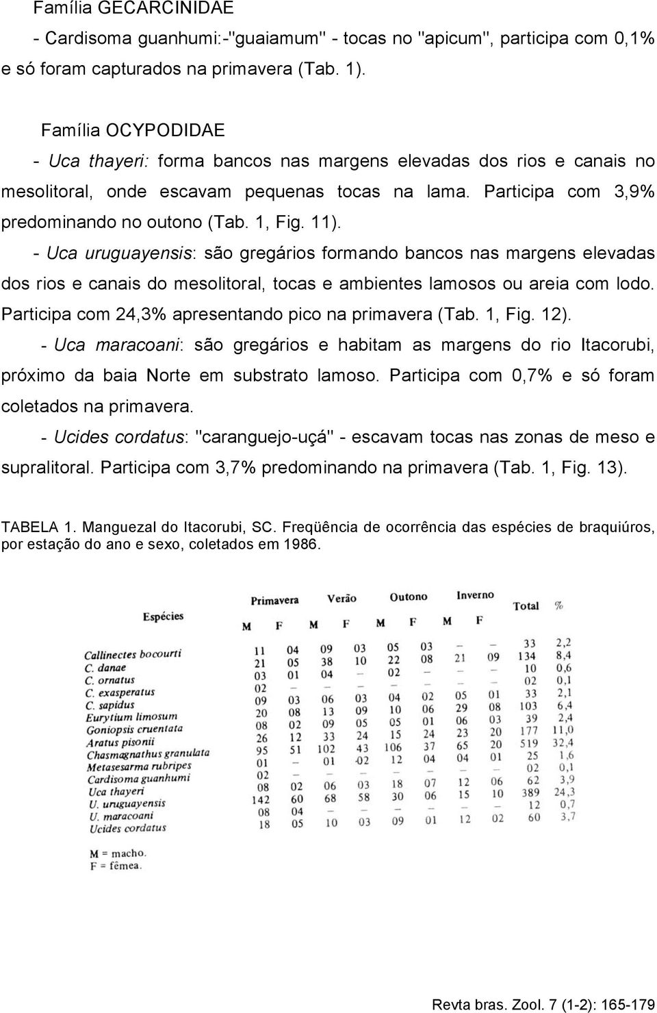 - Uca uruguayensis: são gregários formando bancos nas margens elevadas dos rios e canais do mesolitoral, tocas e ambientes lamosos ou areia com lodo.