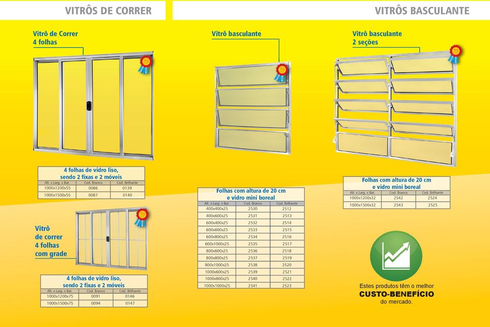 Branco 0086 0087 4 folhas de vidro liso, sendo 2 fixas e 2 móveis Cod. Branco 0091 0094 Cod. Brilhante 0139 0140 Cod.