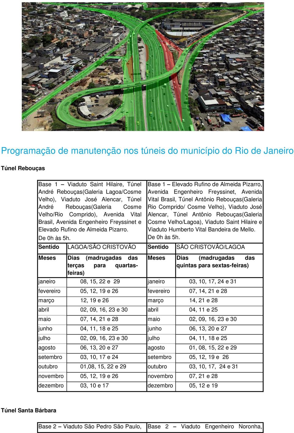 Base 1 Elevado Rufino de Almeida Pizarro, Avenida Engenheiro Freyssinet, Avenida Vital Brasil, Túnel Antônio Rebouças(Galeria Rio Comprido/ Cosme Velho), Viaduto José Alencar, Túnel Antônio