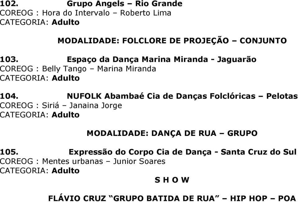 NUFOLK Abambaé Cia de Danças Folclóricas Pelotas COREOG : Siriá Janaina Jorge MODALIDADE: DANÇA DE RUA GRUPO 105.