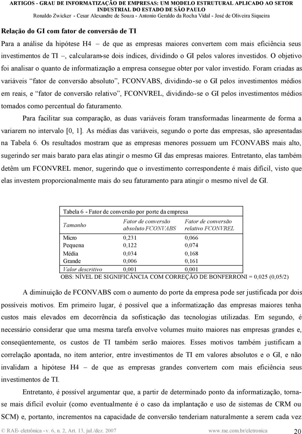 Foram criadas as variáveis fator de conversão absoluto, FCONVABS, dividindo-se o GI pelos investimentos médios em reais, e fator de conversão relativo, FCONVREL, dividindo-se o GI pelos investimentos