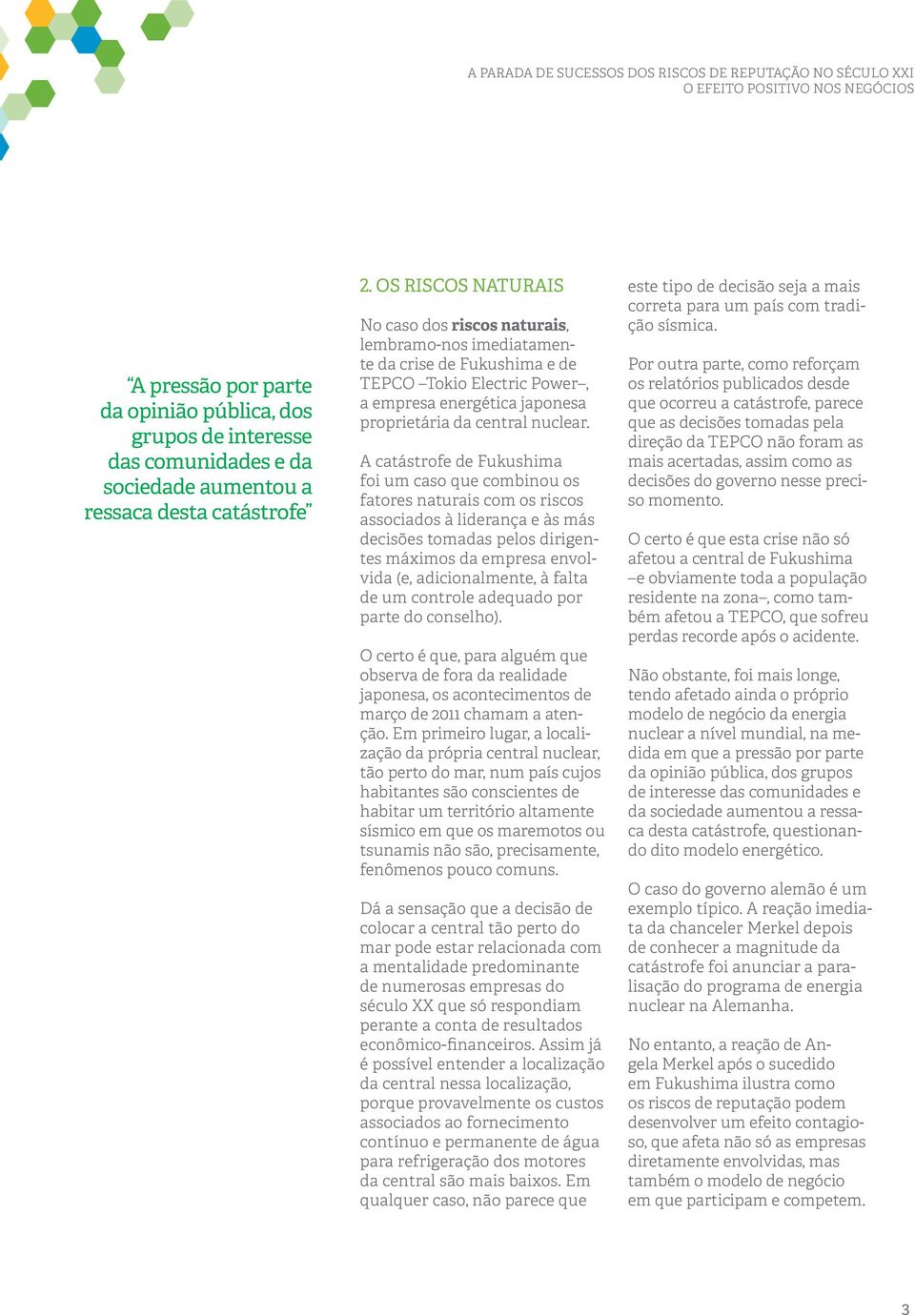 A catástrofe de Fukushima foi um caso que combinou os fatores naturais com os riscos associados à liderança e às más decisões tomadas pelos dirigentes máximos da empresa envolvida (e, adicionalmente,