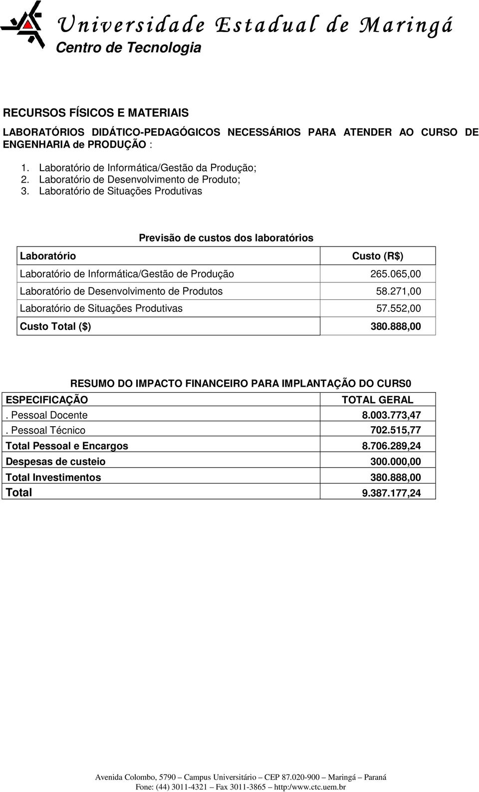 Laboratório de Situações Produtivas Previsão de custos dos laboratórios Laboratório Custo (R$) Laboratório de Informática/Gestão de Produção 265.