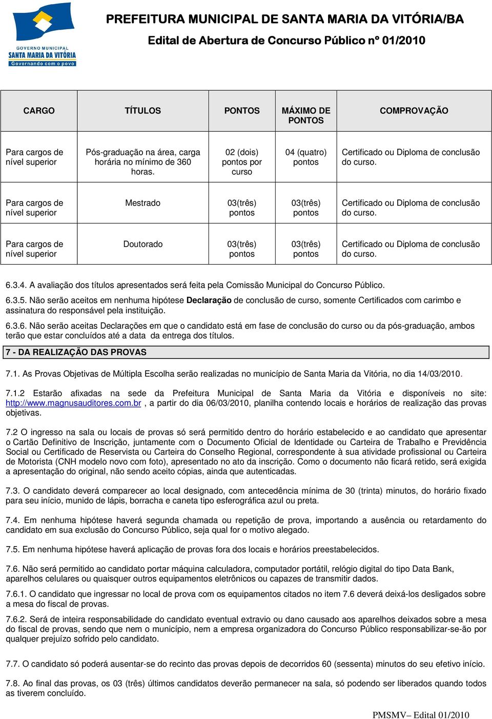 Para cargos de nível superior Mestrado 03(três) pontos 03(três) pontos Certificado ou Diploma de conclusão do curso.