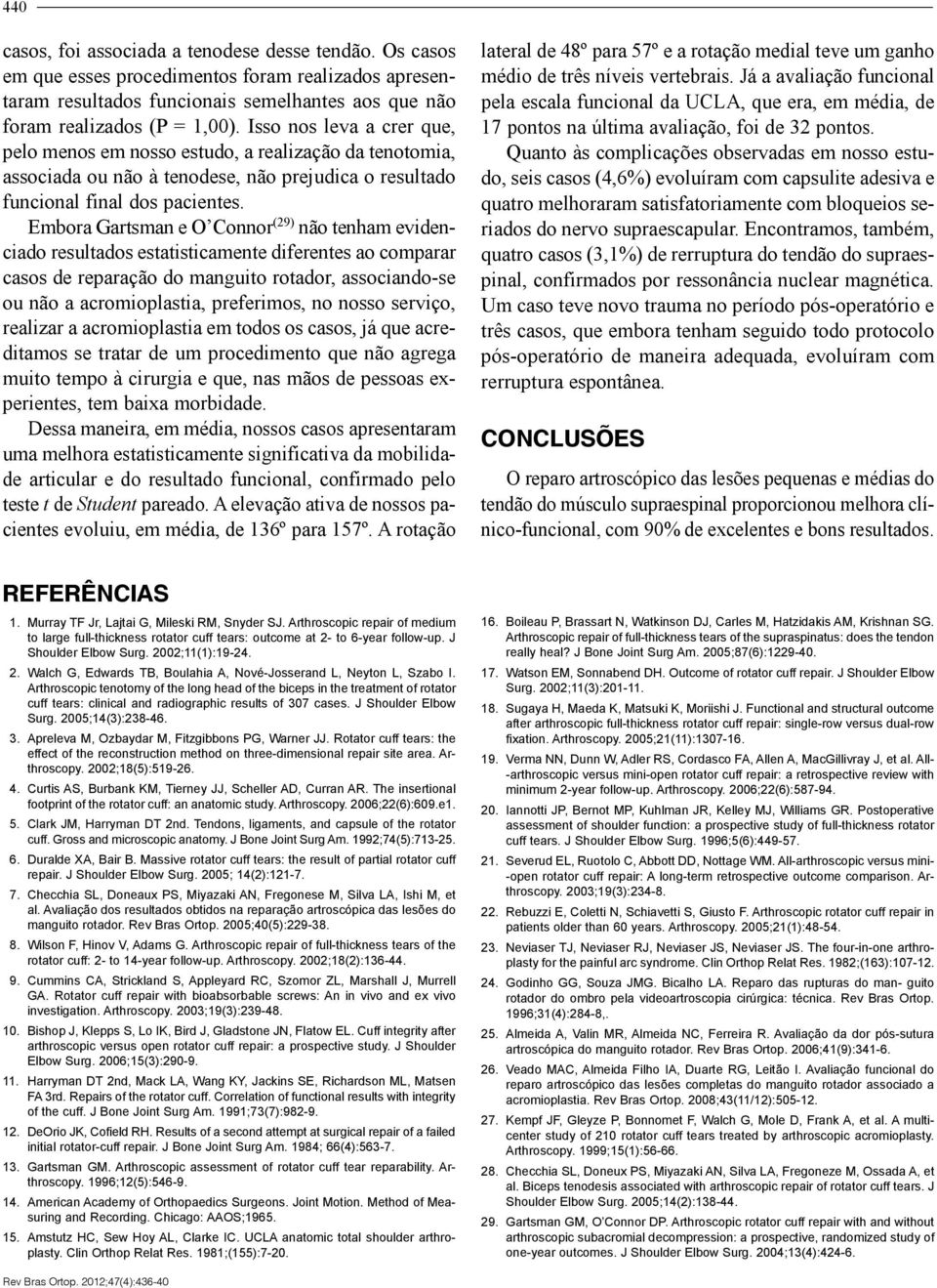 Embora Gartsman e O Connor (29) não tenham evidenciado resultados estatisticamente diferentes ao comparar casos de reparação do manguito rotador, associando-se ou não a acromioplastia, preferimos, no