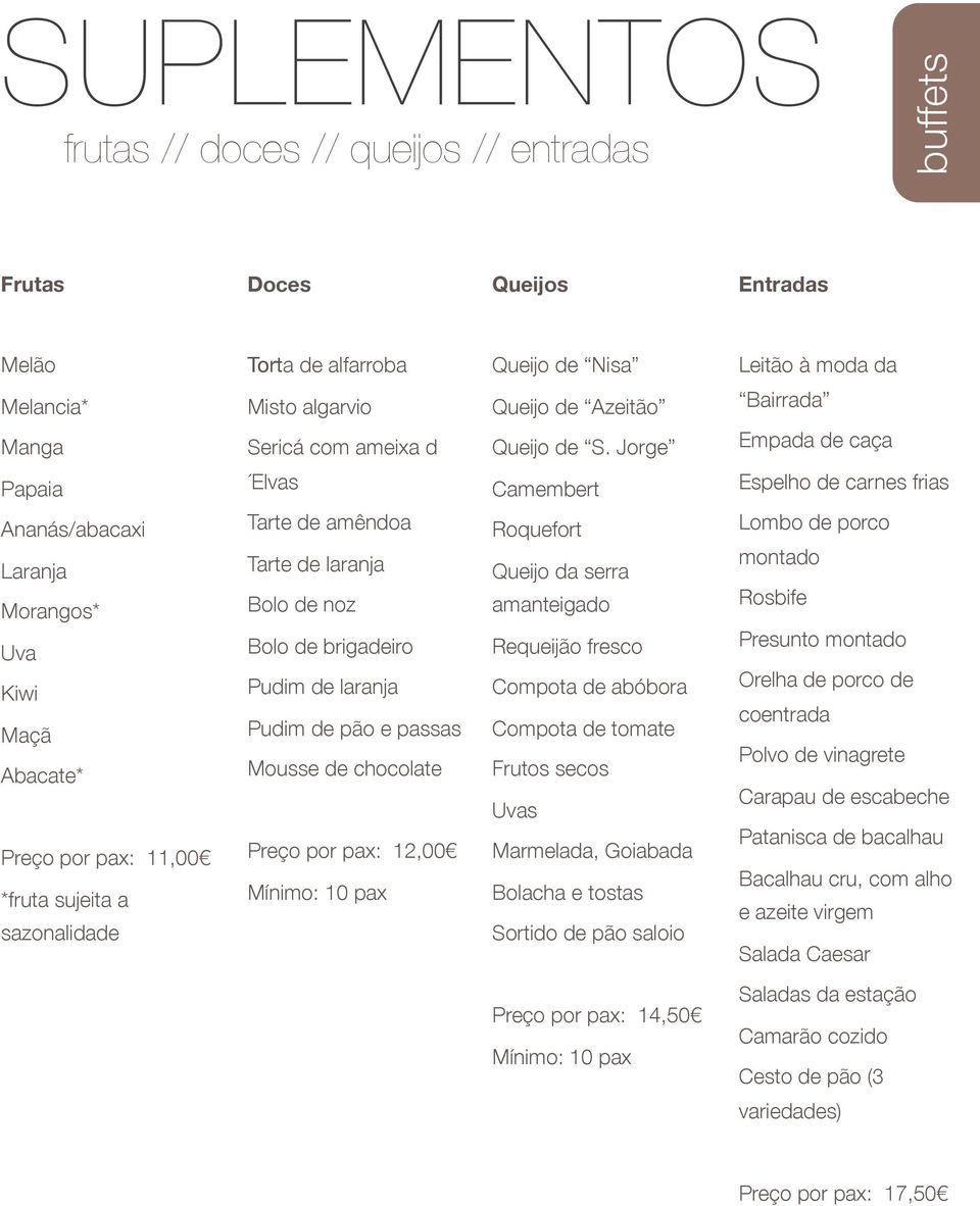 Jorge Empada de caça Papaia Elvas Camembert Espelho de carnes frias Ananás/abacaxi Laranja Morangos* Uva Kiwi Maçã Abacate* Preço por pax: 11,00 *fruta sujeita a sazonalidade Tarte de amêndoa Tarte