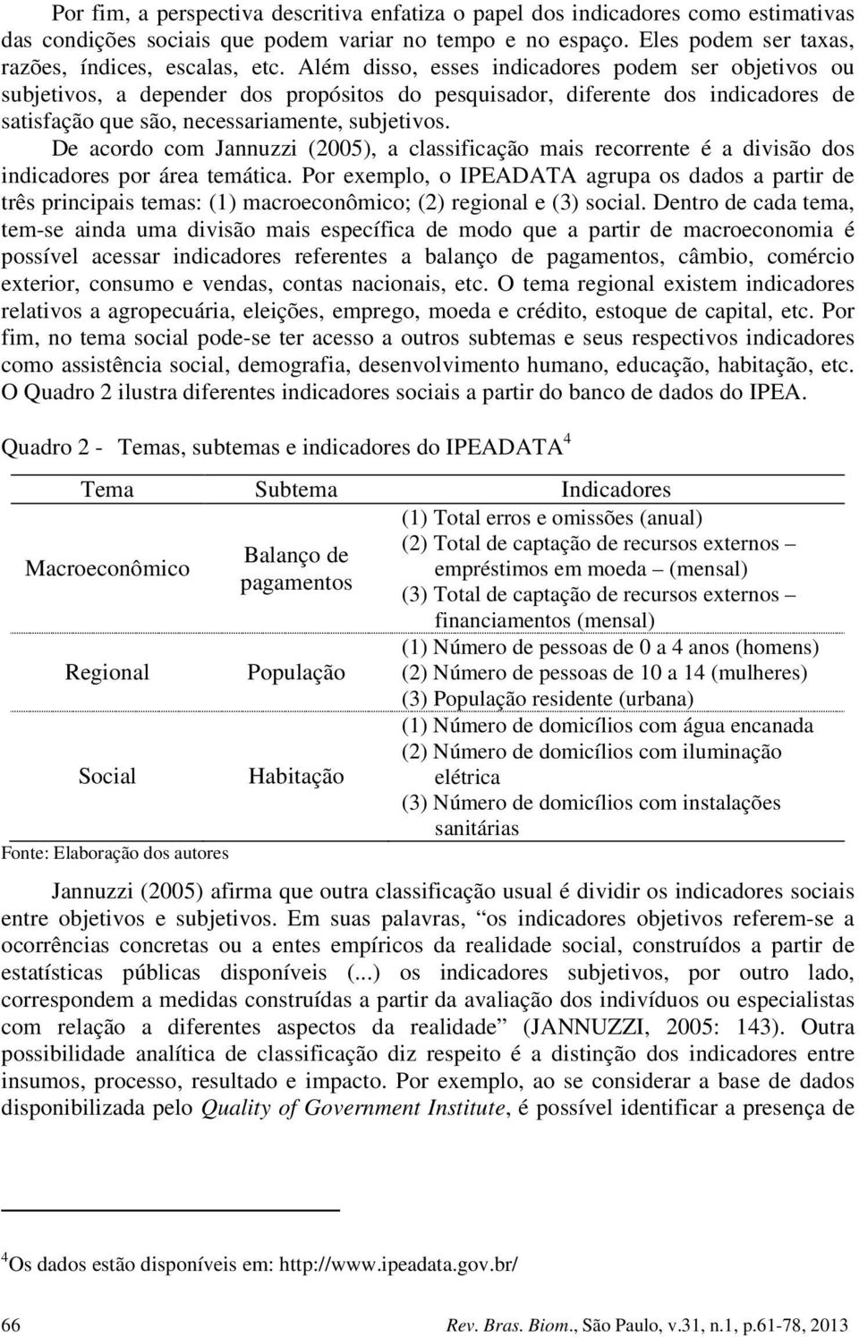 De acordo com Jannuzzi (2005), a classificação mais recorrente é a divisão dos indicadores por área temática.