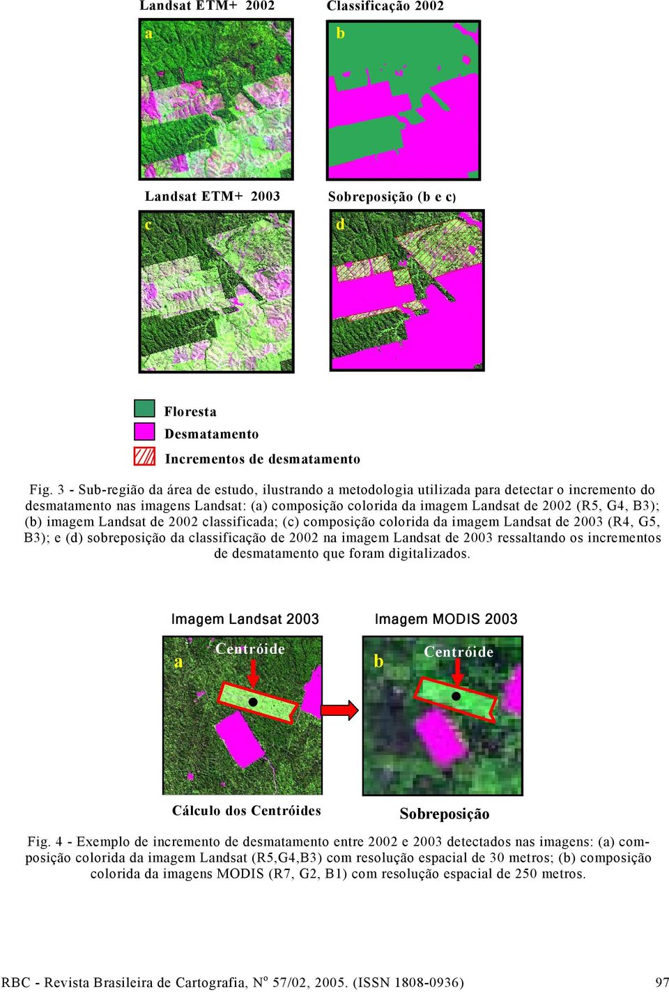 (b) imagem Landsat de 2002 classificada; (c) composição colorida da imagem Landsat de 2003 (R4, G5, B3); e (d) sobreposição da classificação de 2002 na imagem Landsat de 2003 ressaltando os