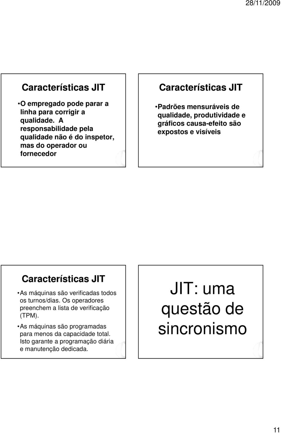 produtividade e gráficos causa-efeito são expostos e visíveis Características JIT As máquinas são verificadas todos os turnos/dias.