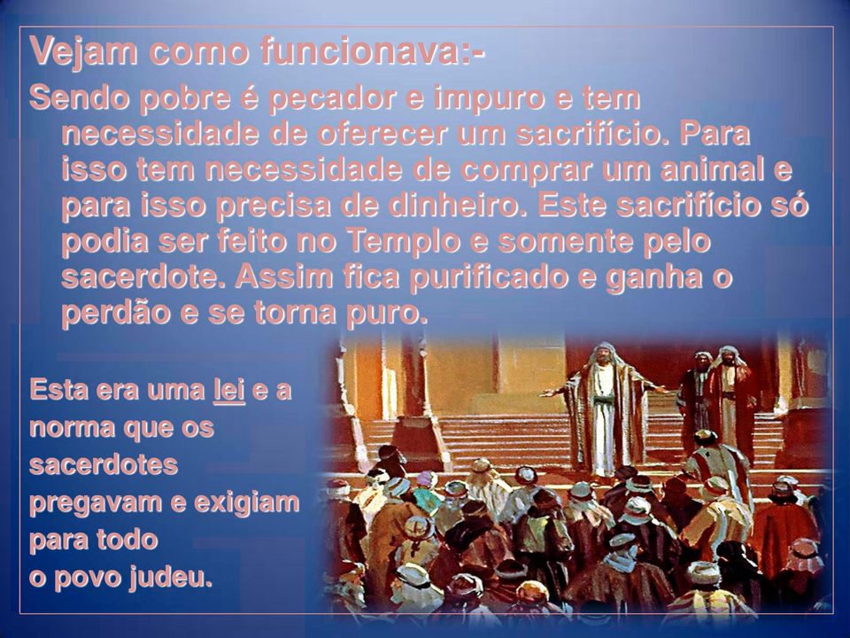 Este sacrifício só podia ser feito no Templo e somente pelo sacerdote.