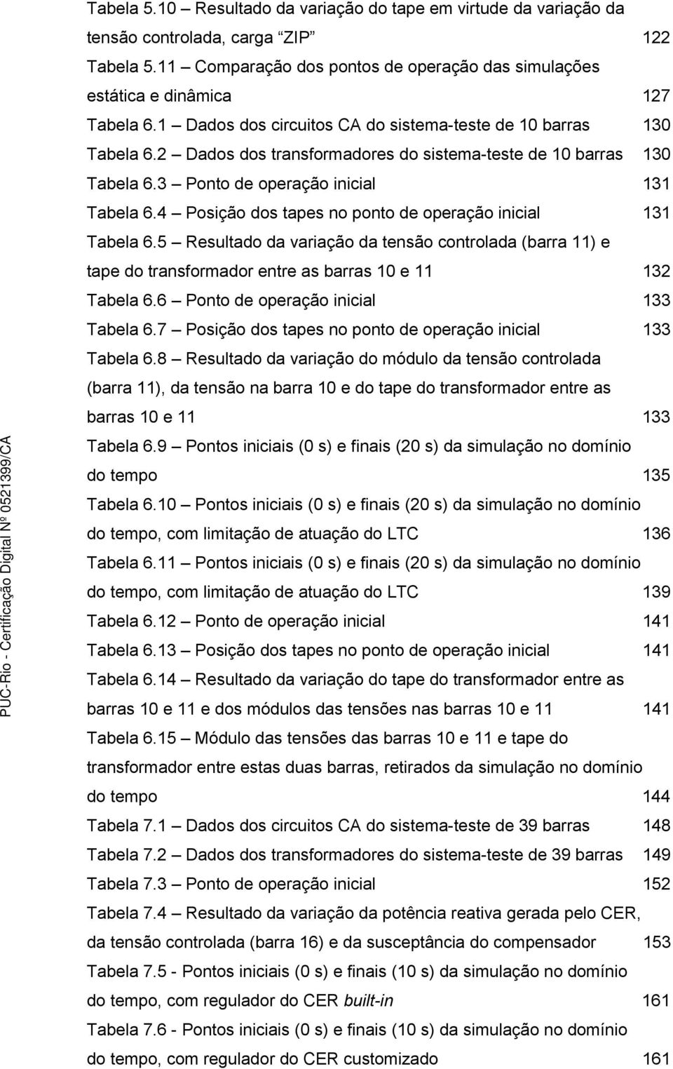 4 Posição dos tapes no ponto de operação inicial 131 Tabela 6.5 Resultado da variação da tensão controlada (barra 11) e tape do transformador entre as barras 10 e 11 132 Tabela 6.