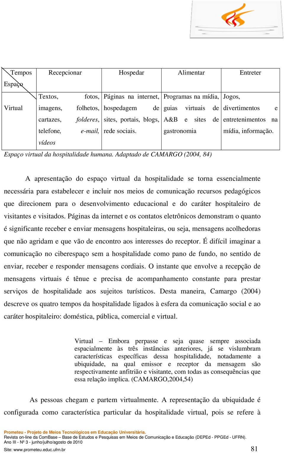 Adaptado de CAMARGO (2004, 84) divertimentos e entretenimentos na mídia, informação.