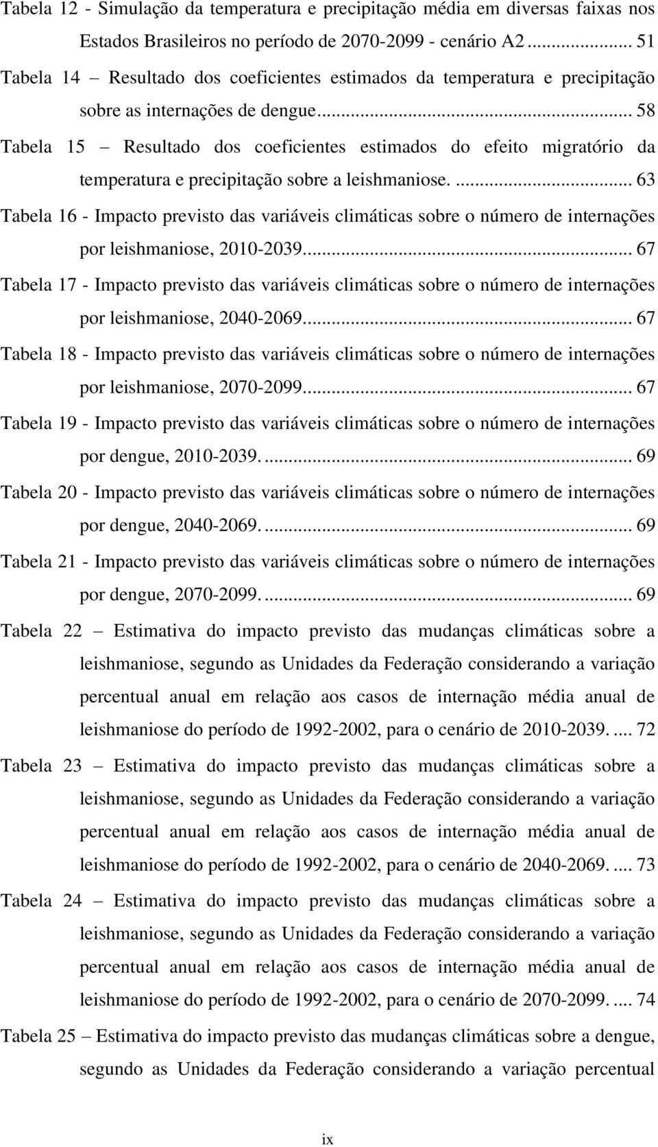 .. 58 Tabela 15 Resultado dos coeficientes estimados do efeito migratório da temperatura e precipitação sobre a leishmaniose.