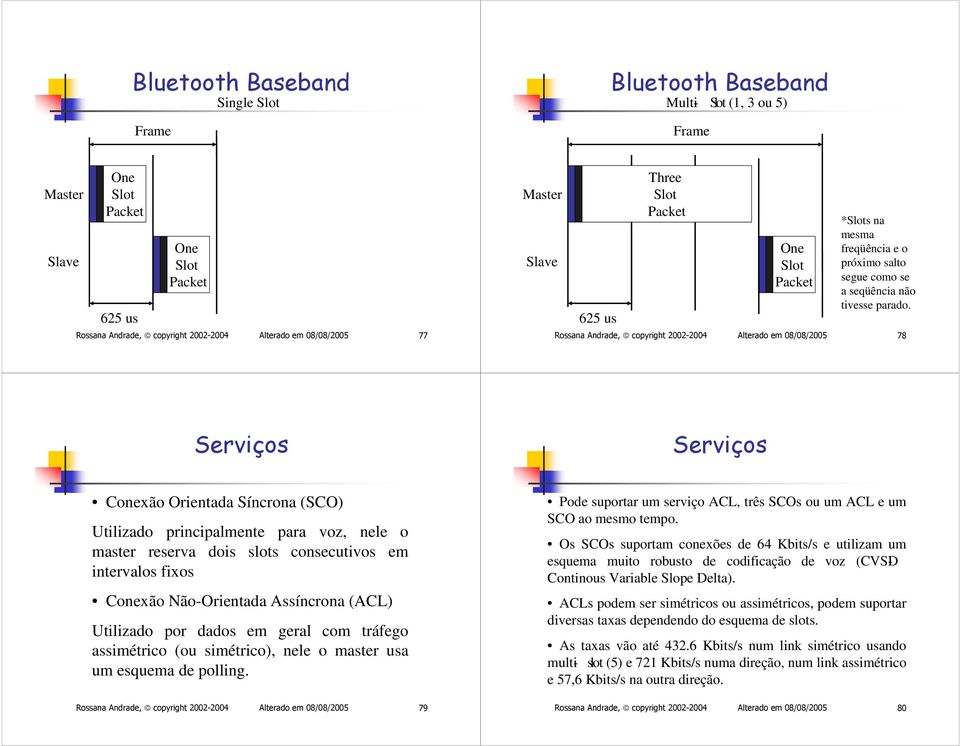 Rossana Andrade, copyright 2002-2004 Alterado em 08/08/2005 78 Serviços Serviços Conexão Orientada Síncrona (SCO) Utilizado principalmente para voz, nele o master reserva dois slots consecutivos em