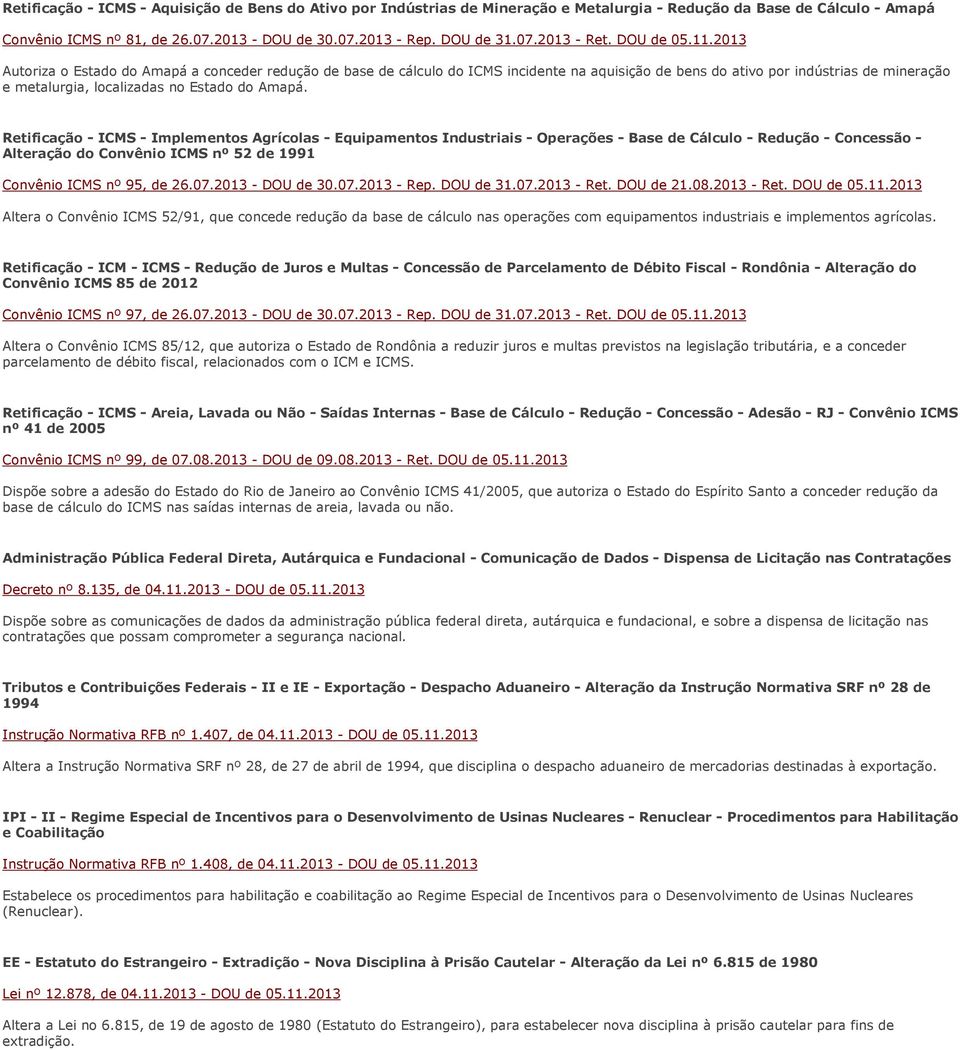 2013 Autoriza o Estado do Amapá a conceder redução de base de cálculo do ICMS incidente na aquisição de bens do ativo por indústrias de mineração e metalurgia, localizadas no Estado do Amapá.