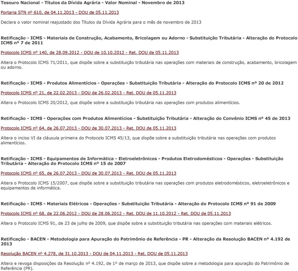 2013 Declara o valor nominal reajustado dos Títulos da Dívida Agrária para o mês de novembro de 2013 Retificação - ICMS - Materiais de Construção, Acabamento, Bricolagem ou Adorno - Substituição