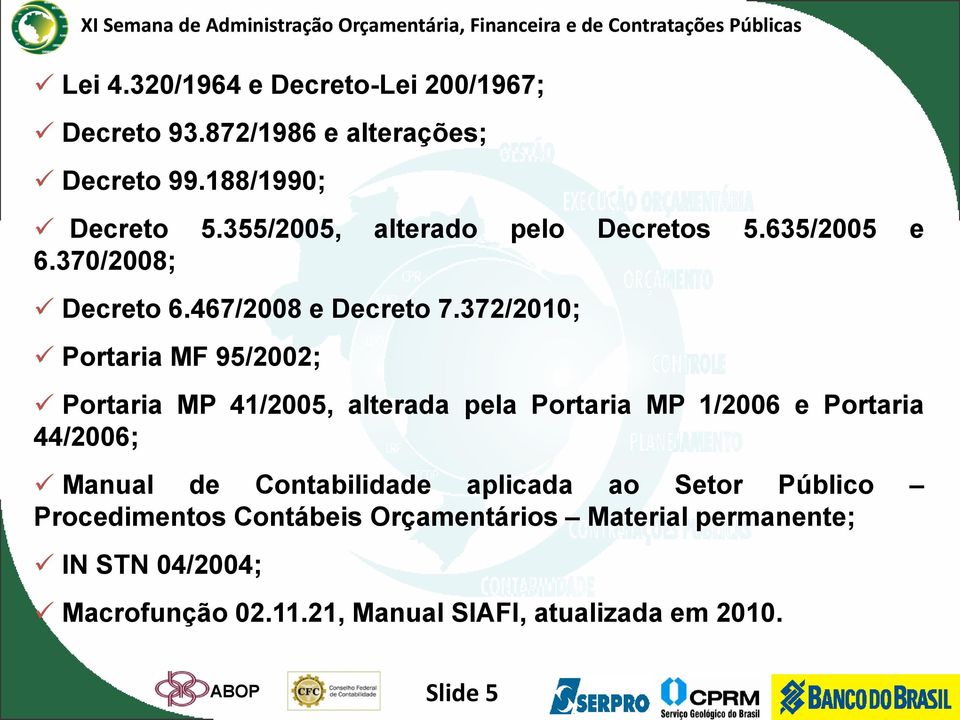 372/2010; Portaria MF 95/2002; Portaria MP 41/2005, alterada pela Portaria MP 1/2006 e Portaria 44/2006; Manual de