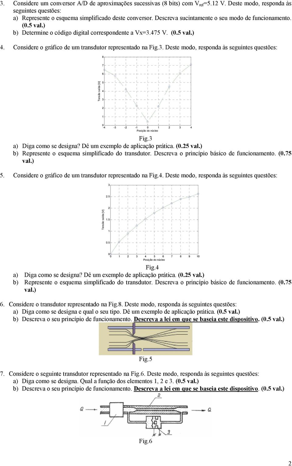 475 V. (0.5 val.) 4. Considere o gráfico de um transdutor representado na Fig.3. Deste modo, responda às seguintes questões: 8 7 6 Tensão saída [V] 5 4 3 2 0-4 -3-2 - 0 2 3 4 Posição do núcleo Fig.