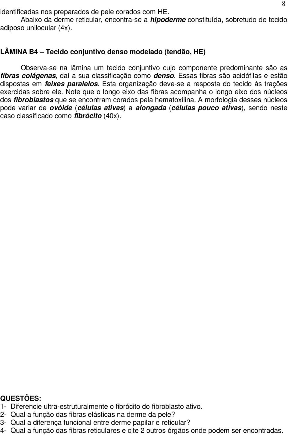 Essas fibras são acidófilas e estão dispostas em feixes paralelos. Esta organização deve-se a resposta do tecido às trações exercidas sobre ele.