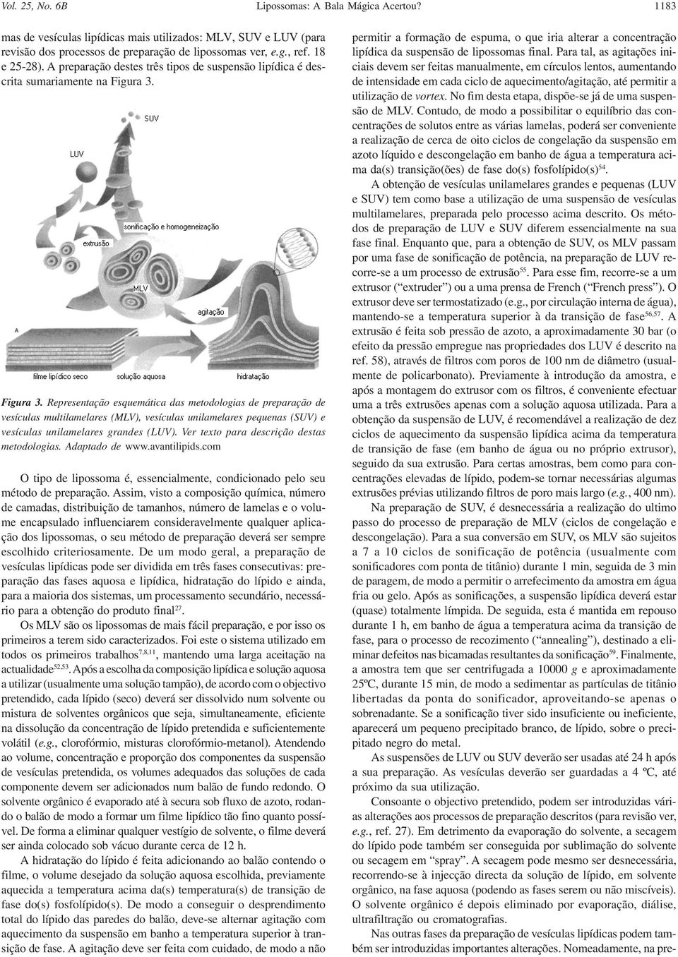 Figura 3. Representação esquemática das metodologias de preparação de vesículas multilamelares (MLV), vesículas unilamelares pequenas (SUV) e vesículas unilamelares grandes (LUV).