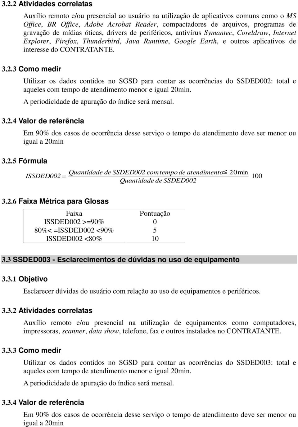 3.2.3 Como medir Utilizar os dados contidos no SGSD para contar as ocorrências do SSDED002: total e aqueles com tempo de atendimento menor e igual 20min. 3.2.4 Valor de referência igual a 20min 3.2.5 Fórmula ISSDED002= Quantidade de SSDED002 comtempo de atendimento 20min Quantidade de SSDED002 3.