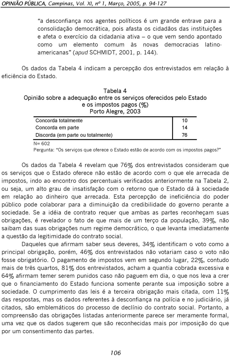 apontado como um elemento comum às novas democracias latinoamericanas (apud SCHMIDT, 2001, p. 144). Os dados da Tabela 4 indicam a percepção dos entrevistados em relação à eficiência do Estado.