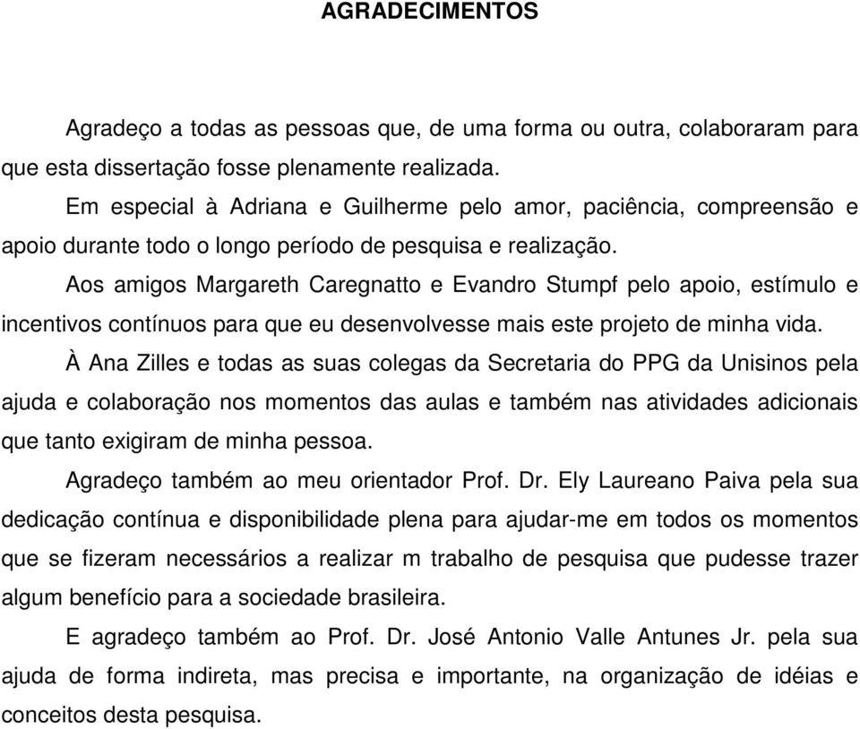 Aos amigos Margareth Caregnatto e Evandro Stumpf pelo apoio, estímulo e incentivos contínuos para que eu desenvolvesse mais este projeto de minha vida.