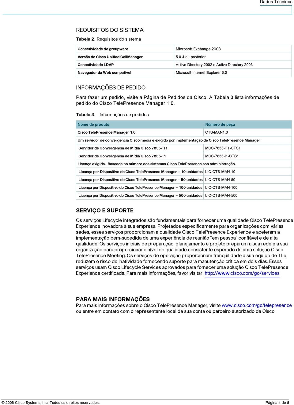 0 INFORMAÇÕES DE PEDIDO Para fazer um pedido, visite a Página de Pedidos da Cisco. A Tabela 3 lista informações de pedido do Cisco TelePresence Manager 1.0. Tabela 3. Informações de pedidos Nome de produto Cisco TelePresence Manager 1.