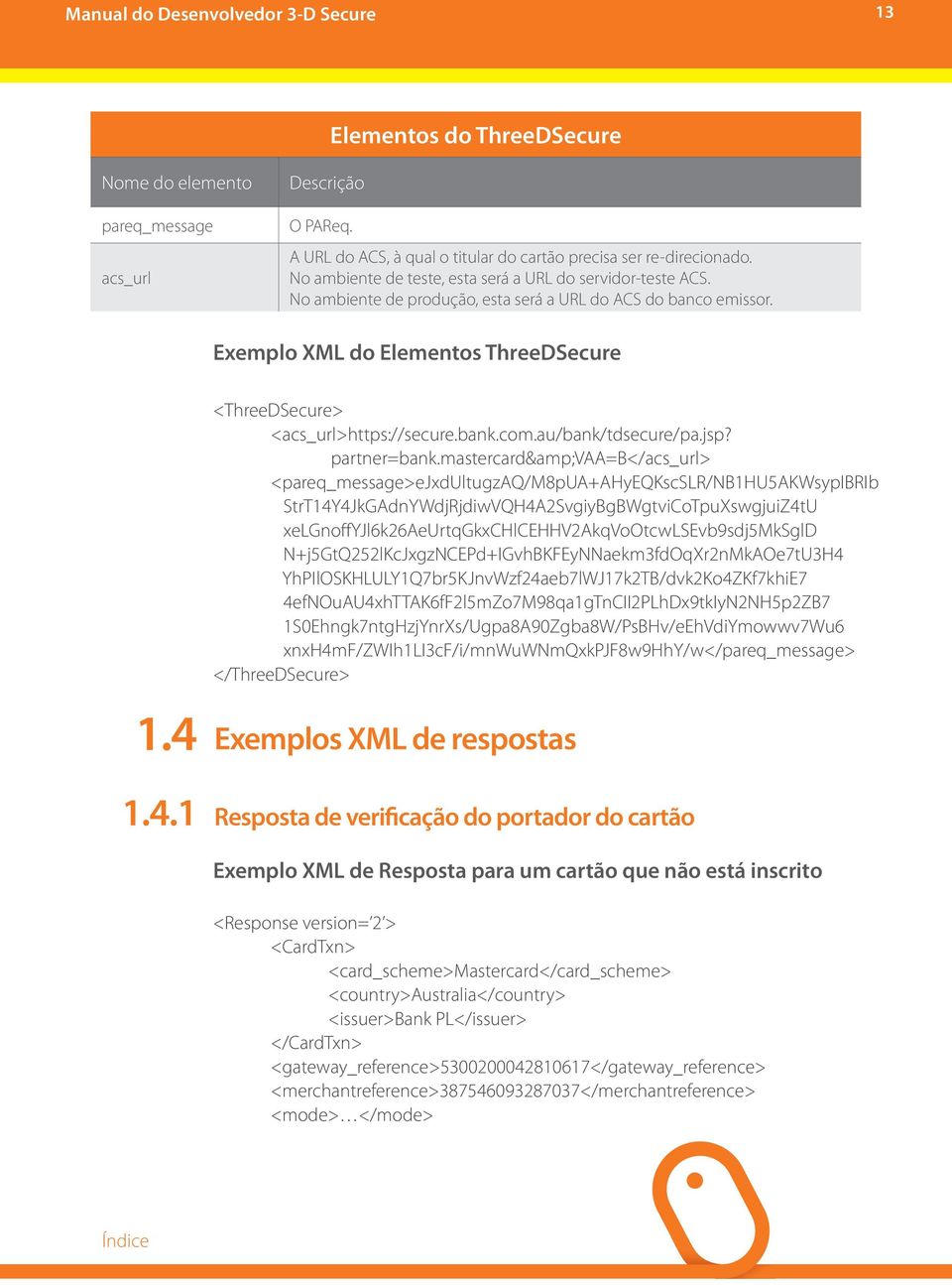 Exemplo XML do Elementos ThreeDSecure <ThreeDSecure> <acs_url>https://secure.bank.com.au/bank/tdsecure/pa.jsp? partner=bank.