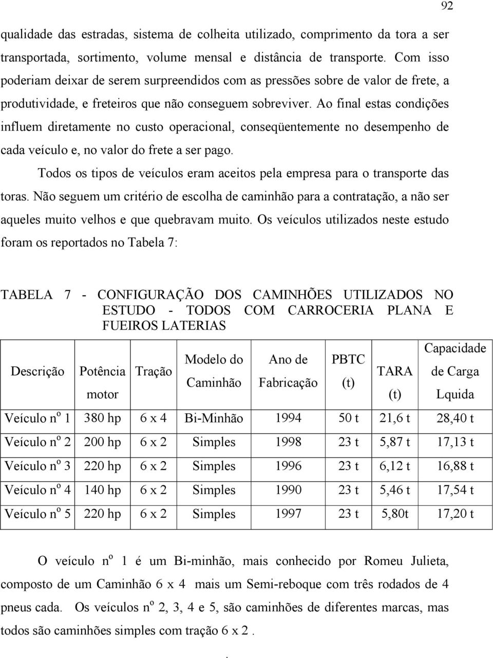 Ao final estas condições influem diretamente no custo operacional, conseqüentemente no desempenho de cada veículo e, no valor do frete a ser pago.