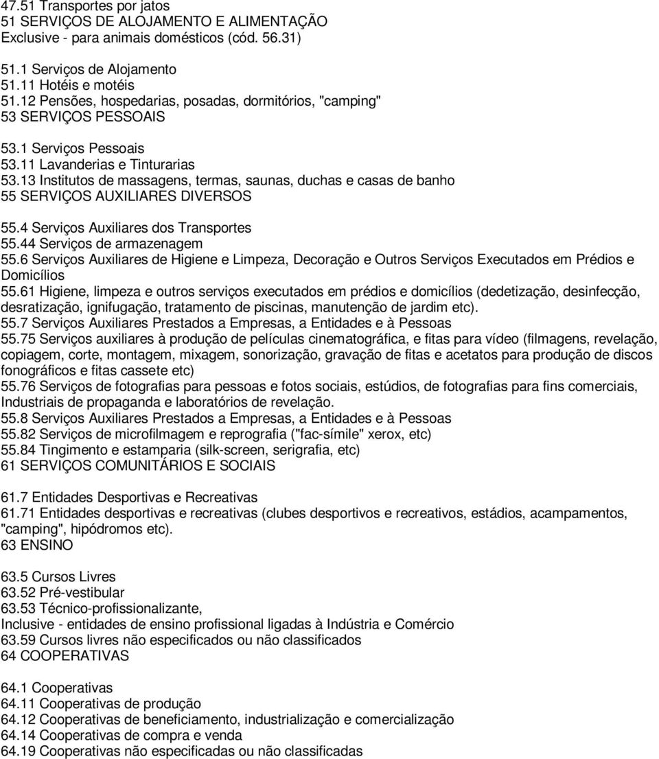 13 Institutos de massagens, termas, saunas, duchas e casas de banho 55 SERVIÇOS AUXILIARES DIVERSOS 55.4 Serviços Auxiliares dos Transportes 55.44 Serviços de armazenagem 55.