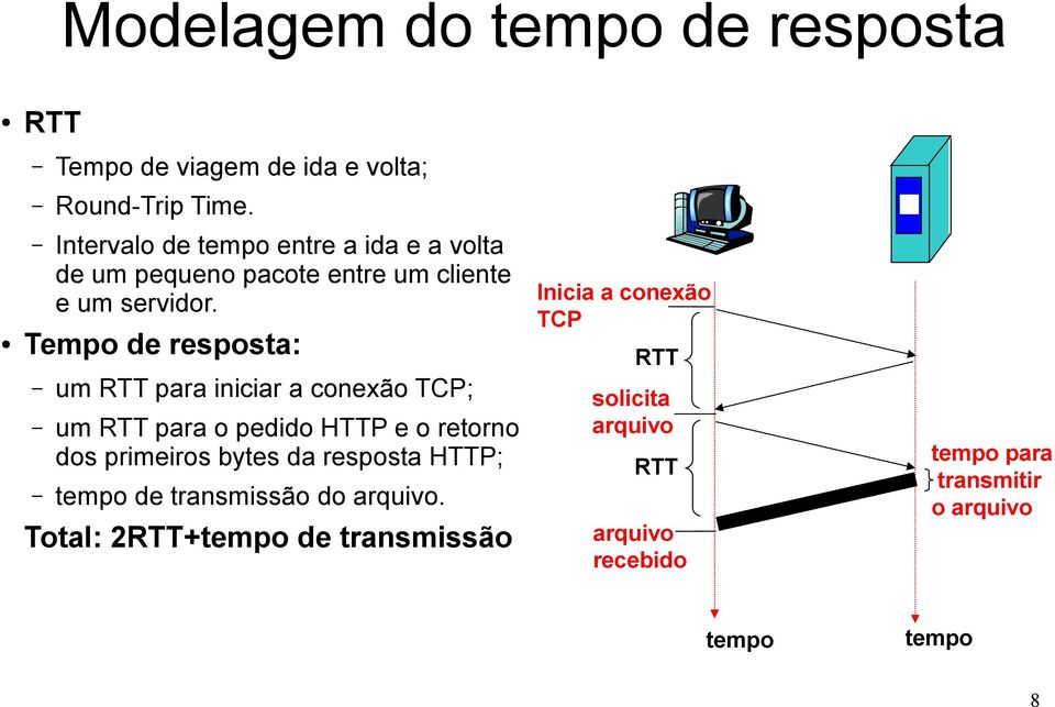 Tempo de resposta: um RTT para iniciar a conexão TCP; um RTT para o pedido HTTP e o retorno dos primeiros bytes da