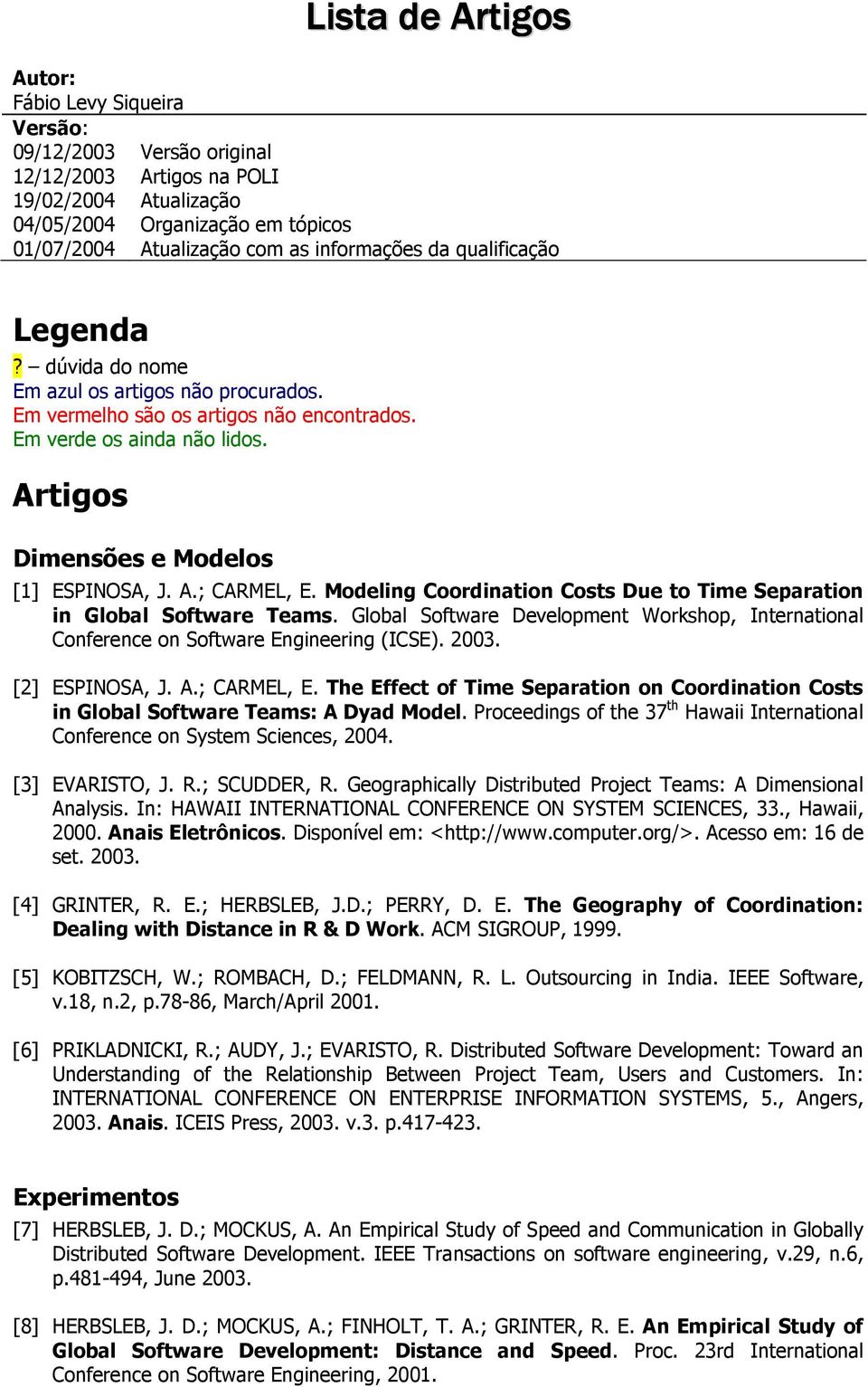 Artigos Dimensões e Modelos [1] ESPINOSA, J. A.; CARMEL, E. Modeling Coordination Costs Due to Time Separation in Global Software Teams.