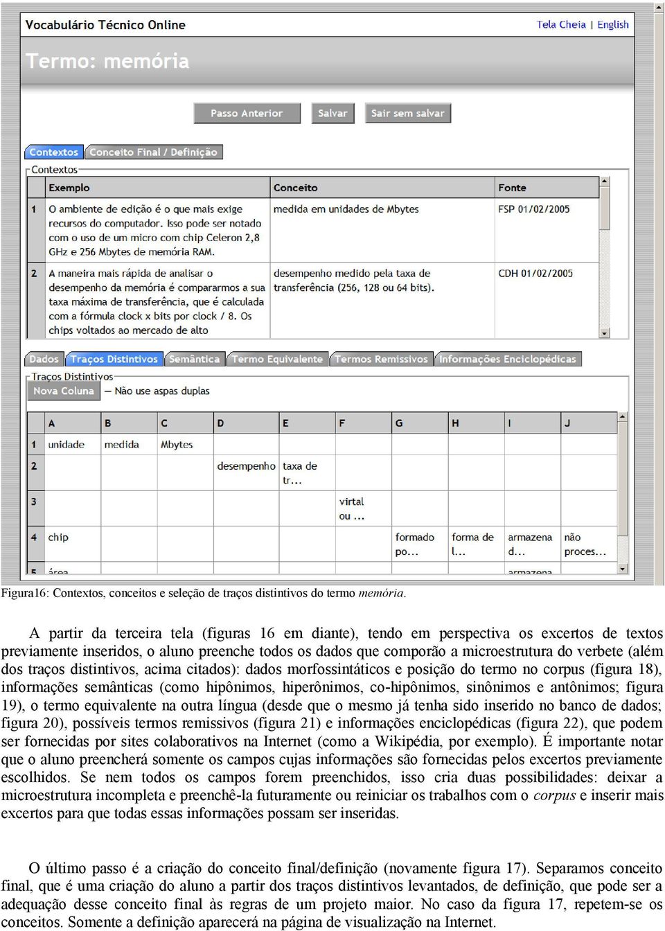 traços distintivos, acima citados): dados morfossintáticos e posição do termo no corpus (figura 18), informações semânticas (como hipônimos, hiperônimos, co-hipônimos, sinônimos e antônimos; figura