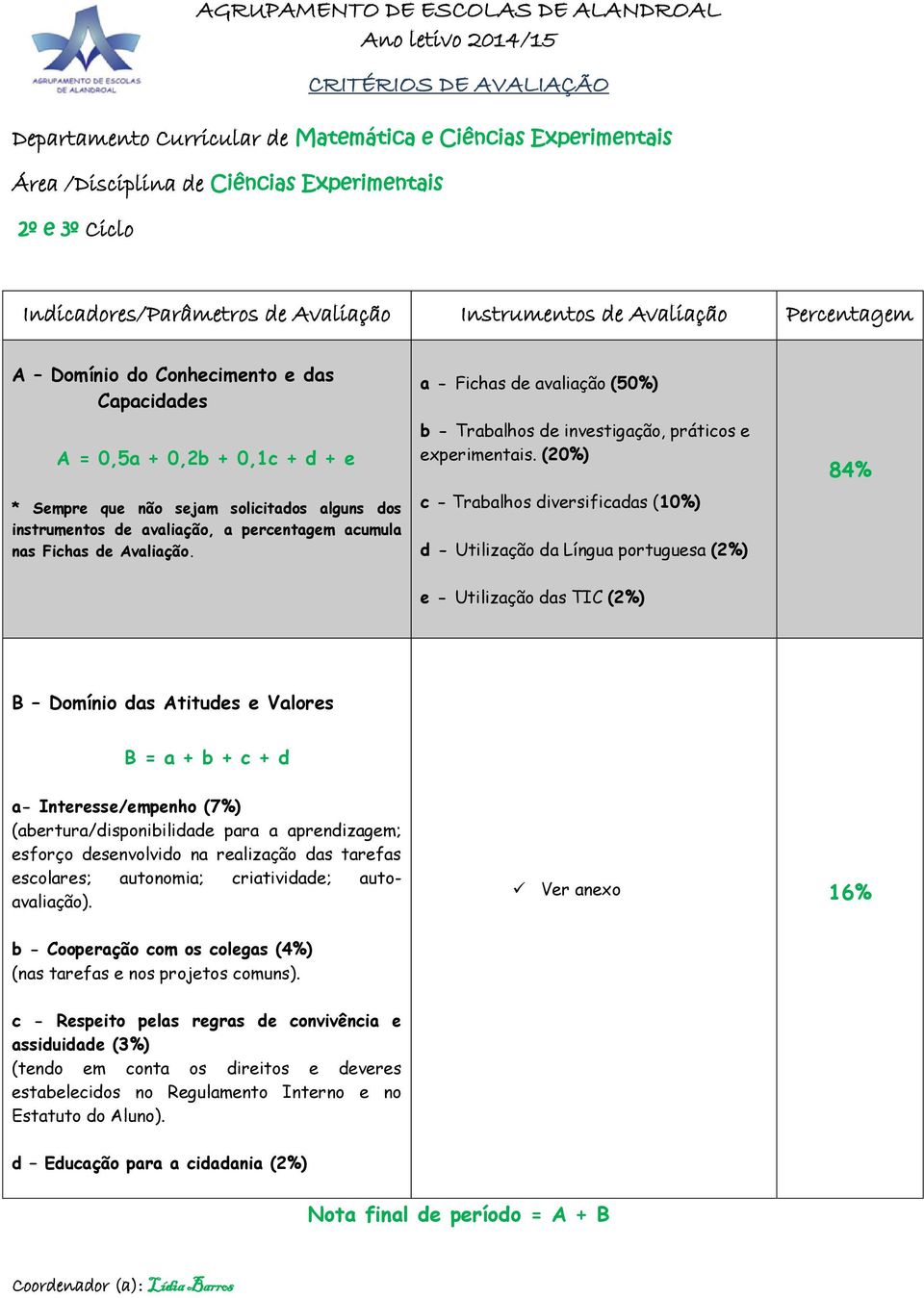 instrumentos de avaliação, a percentagem acumula nas Fichas de Avaliação. a - Fichas de avaliação (50%) b - Trabalhos de investigação, práticos e experimentais.