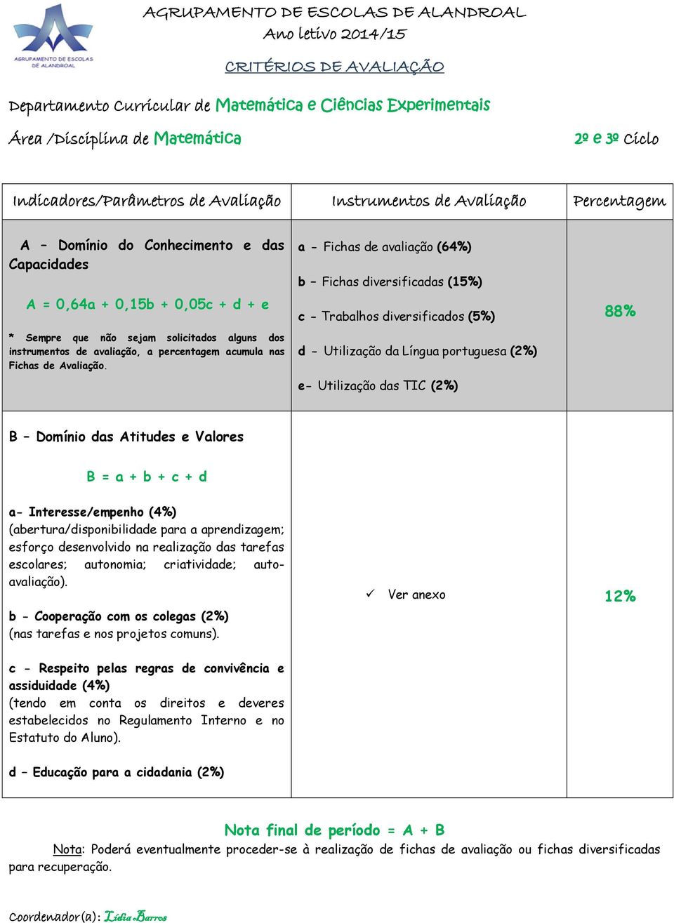 instrumentos de avaliação, a percentagem acumula nas Fichas de Avaliação.