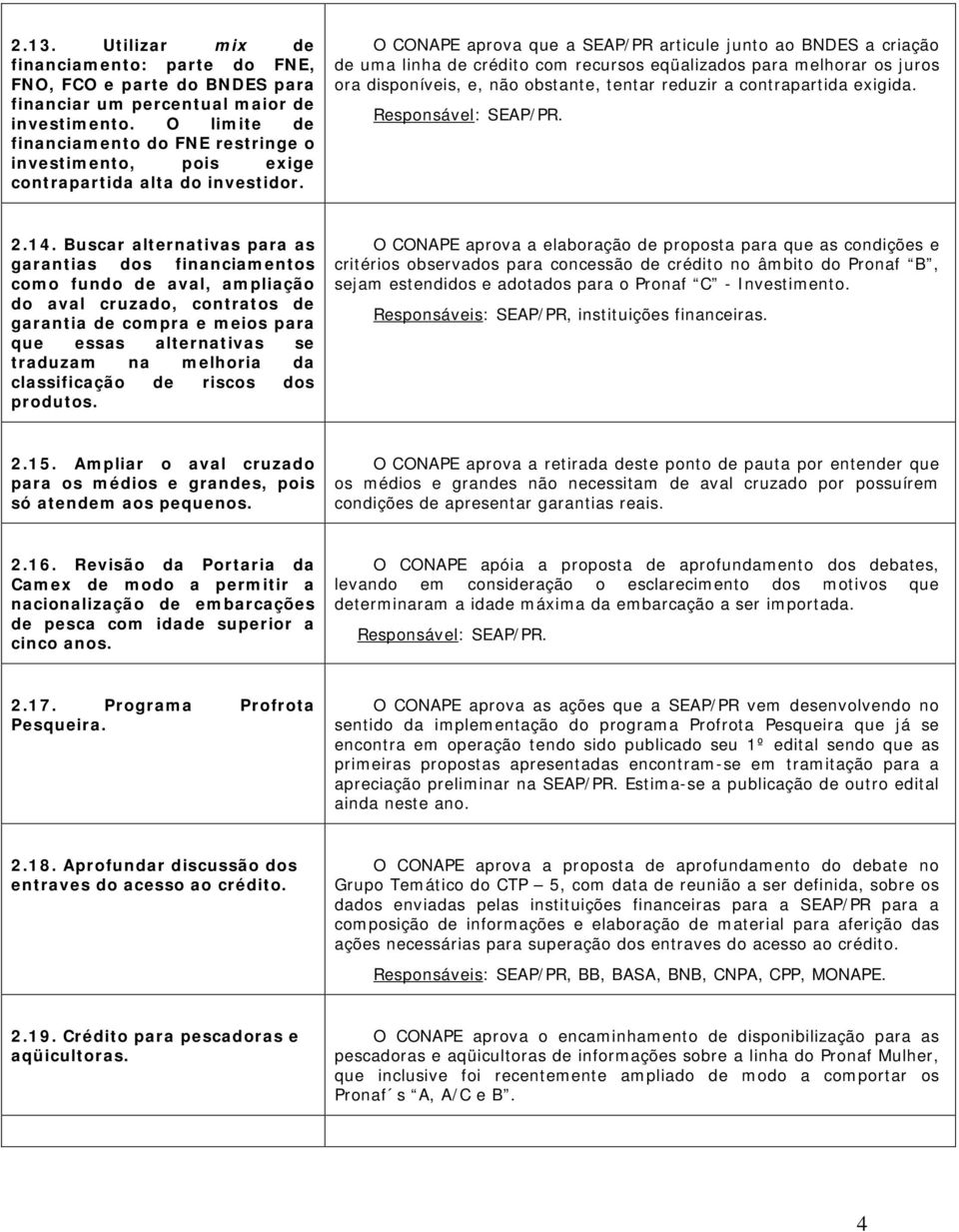 O CONAPE aprova que a SEAP/PR articule junto ao BNDES a criação de uma linha de crédito com recursos eqüalizados para melhorar os juros ora disponíveis, e, não obstante, tentar reduzir a